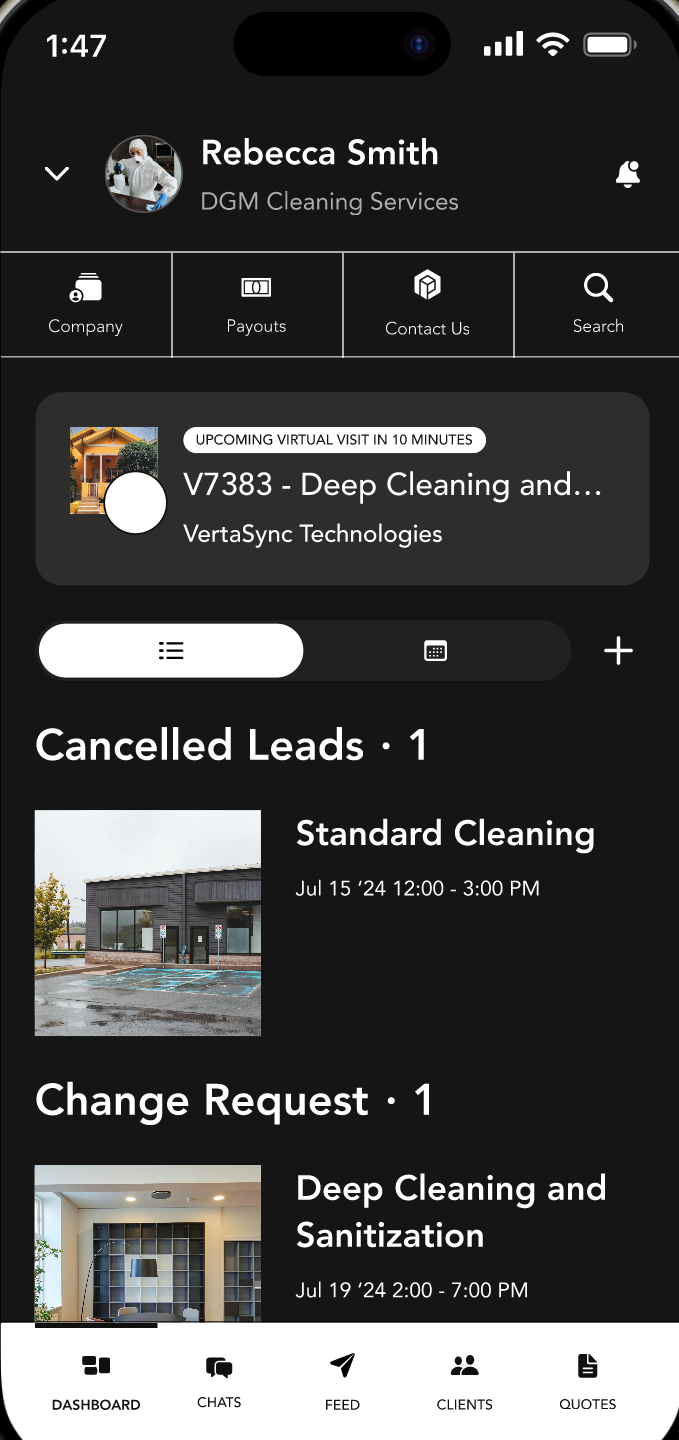 PMC provider app dashboard with company, payouts, project cards, and lead status